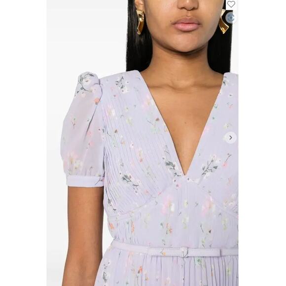 SELF-PORTRAIT‎ Belted pleated Floral Print Chiffon Midi Dress Size 12 NWT - Picture 4 of 12